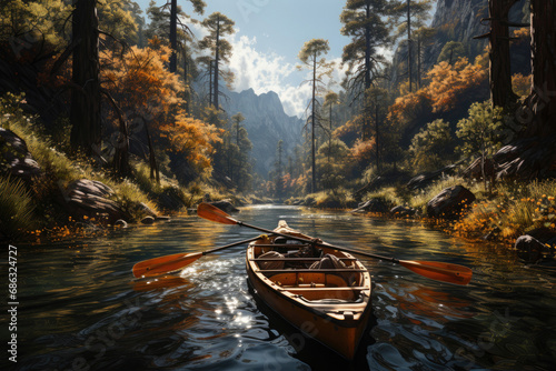 Kayak on the surface of a clear transparent river in the autumn forest
