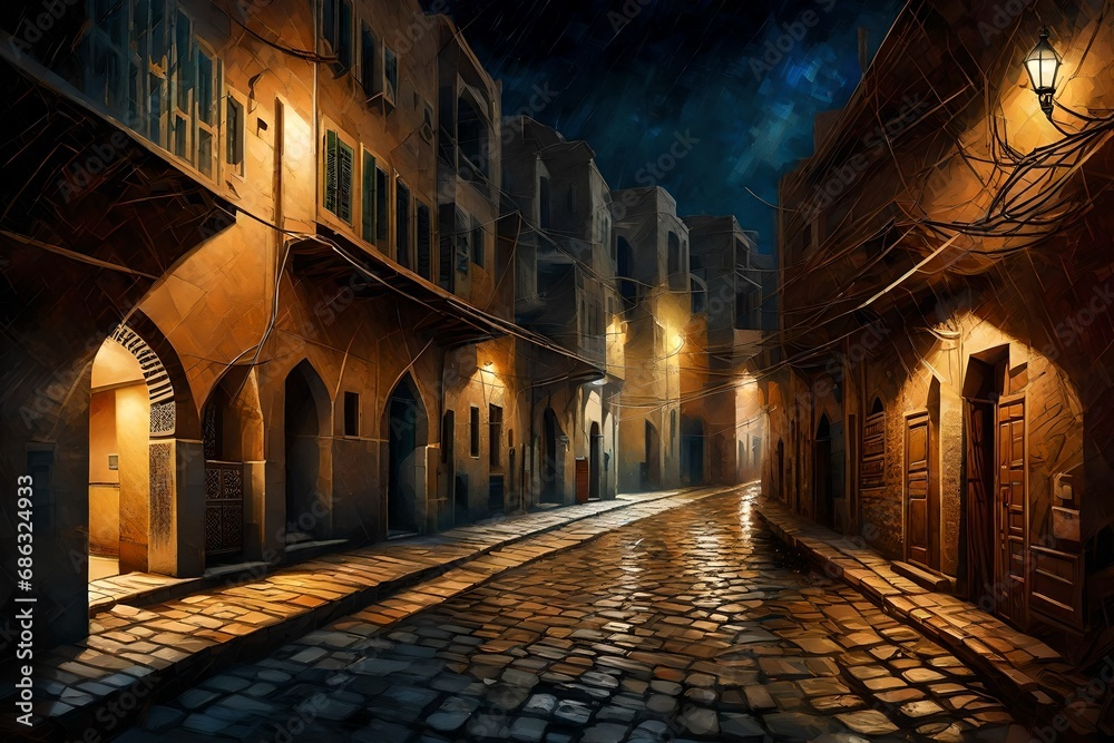 A captivating night view of the streets in an old Arab city, portrayed through computer graphics in an oil painting style. 