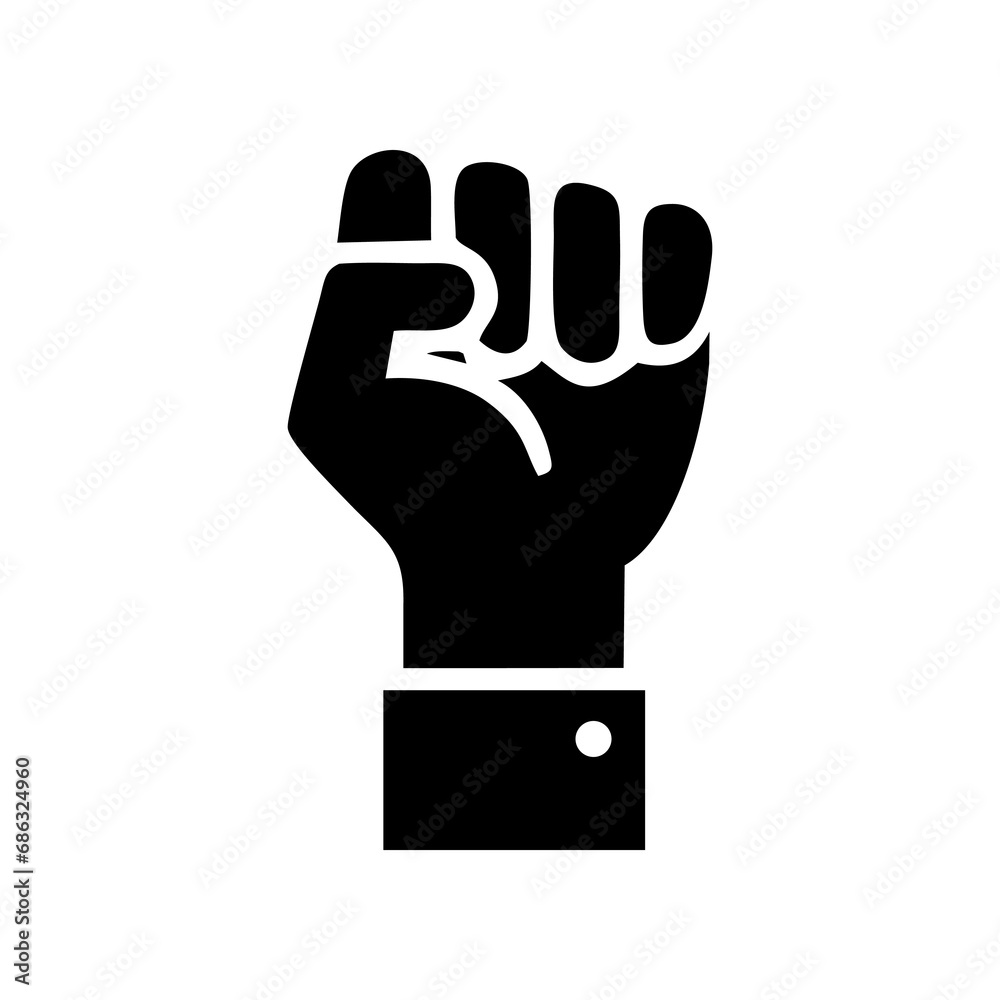 Obraz premium Raised fist icon symbol of victory, strength and solidarity. Empower, courage, strong, power concept. Human hand up in the air. Vector illustration