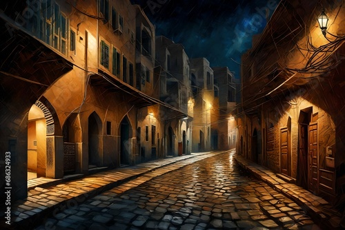 A captivating night view of the streets in an old Arab city  portrayed through computer graphics in an oil painting style. 