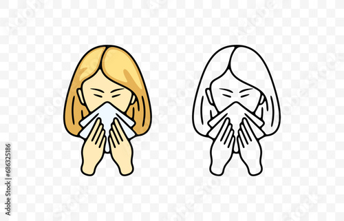 Sick girl or child blowing her nose or sneezing into handkerchief, graphic design. Disease, illness, sickness, virus and treatment, vector design and illustration