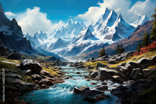 Snow-capped mountain peaks and a river