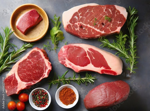 Set of different raw steaks, top view, isolated