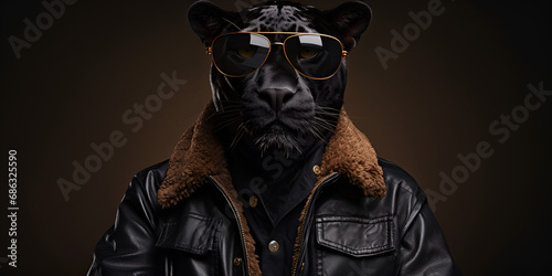 Black panther dressed in an elegant and modern suit with a leather jacket and glasses. Black panther in a suit and tie on a dark background. Generative AI