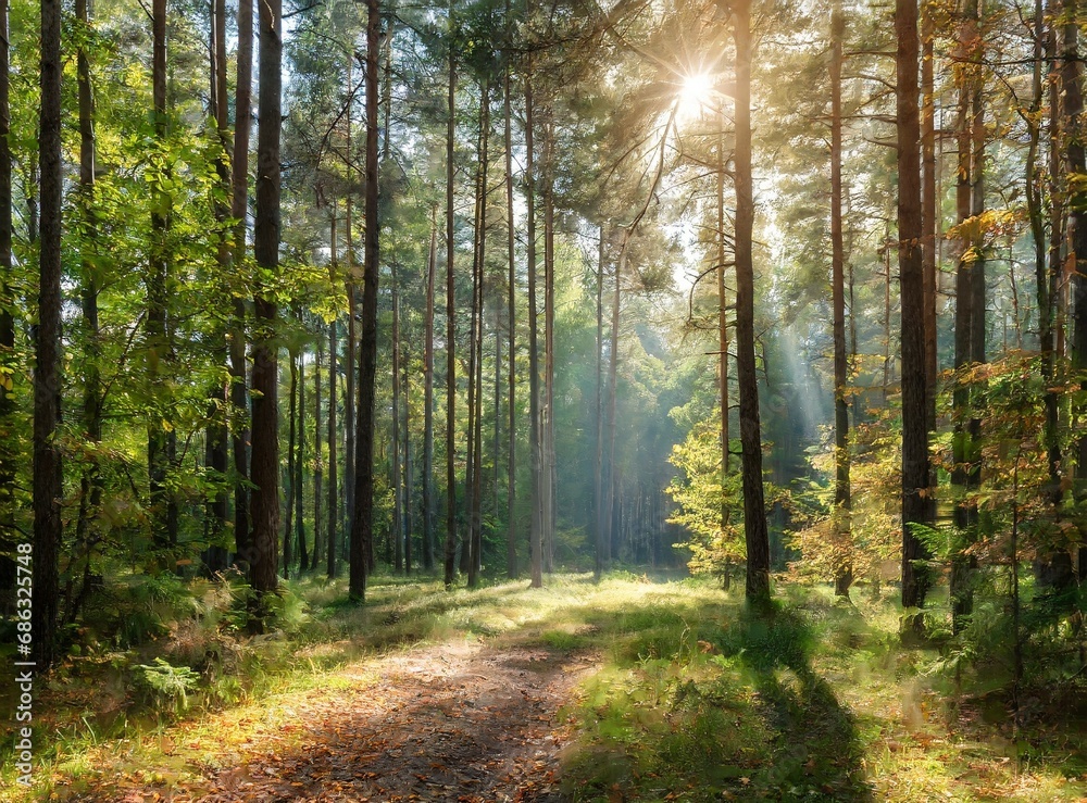 Obraz premium Sunny morning in the autumn forest background