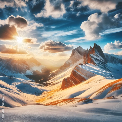 A snow-covered mountain range in the winter