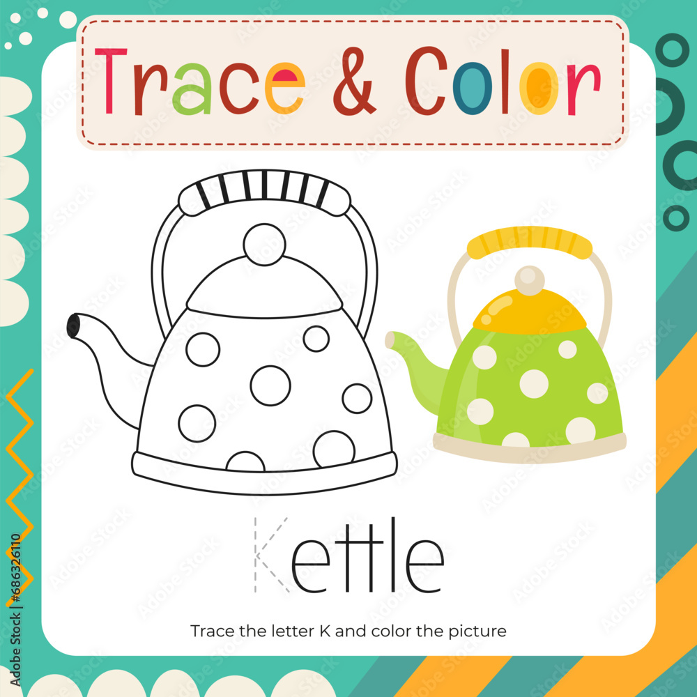 Coloring page for Letter Tracing Book. Trace letter K in word Kettle
