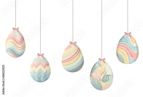 Group of pastel coloured paper easter eggs decorations hanging on a string isolated cutout on transparent