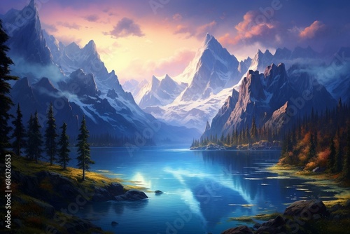 An artwork depicting a serene lake nestled amidst majestic mountains. Generative AI photo