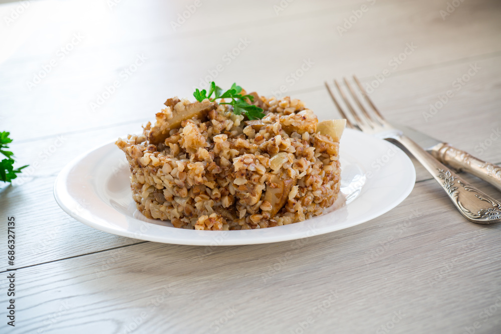cooked buckwheat boiled with mushroom filling in a plate cooked buckwheat boiled with mushroom filling in a plate