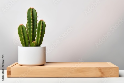 small spiked cactus in white pot on wood desk, gray background, copy space