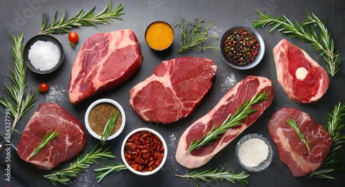 Set of different raw steaks, top view, isolated photo