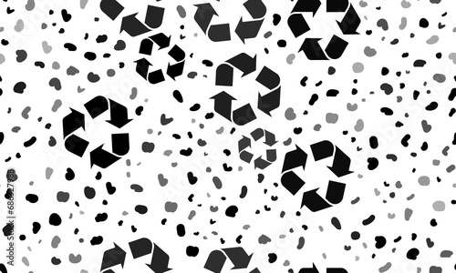 Abstract seamless pattern with recycling symbols. Creative leopard backdrop. Illustration on transparent background