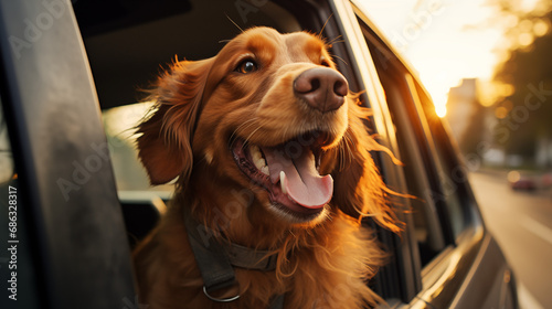 dog with face out of a window of a driving car, tongue hanging out photo