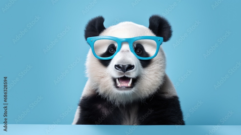 portrait of Giant Panda in stylish glasses, isolated on clean background
