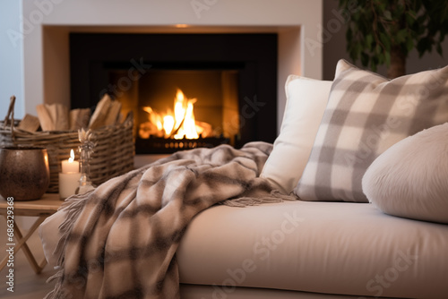 Close-up of a light sofa with pillows  a checkered blanket with tassels  candles  and firewood in a wicker basket on a wooden table  and a lit fireplace. The concept of home comfort and relaxation.
