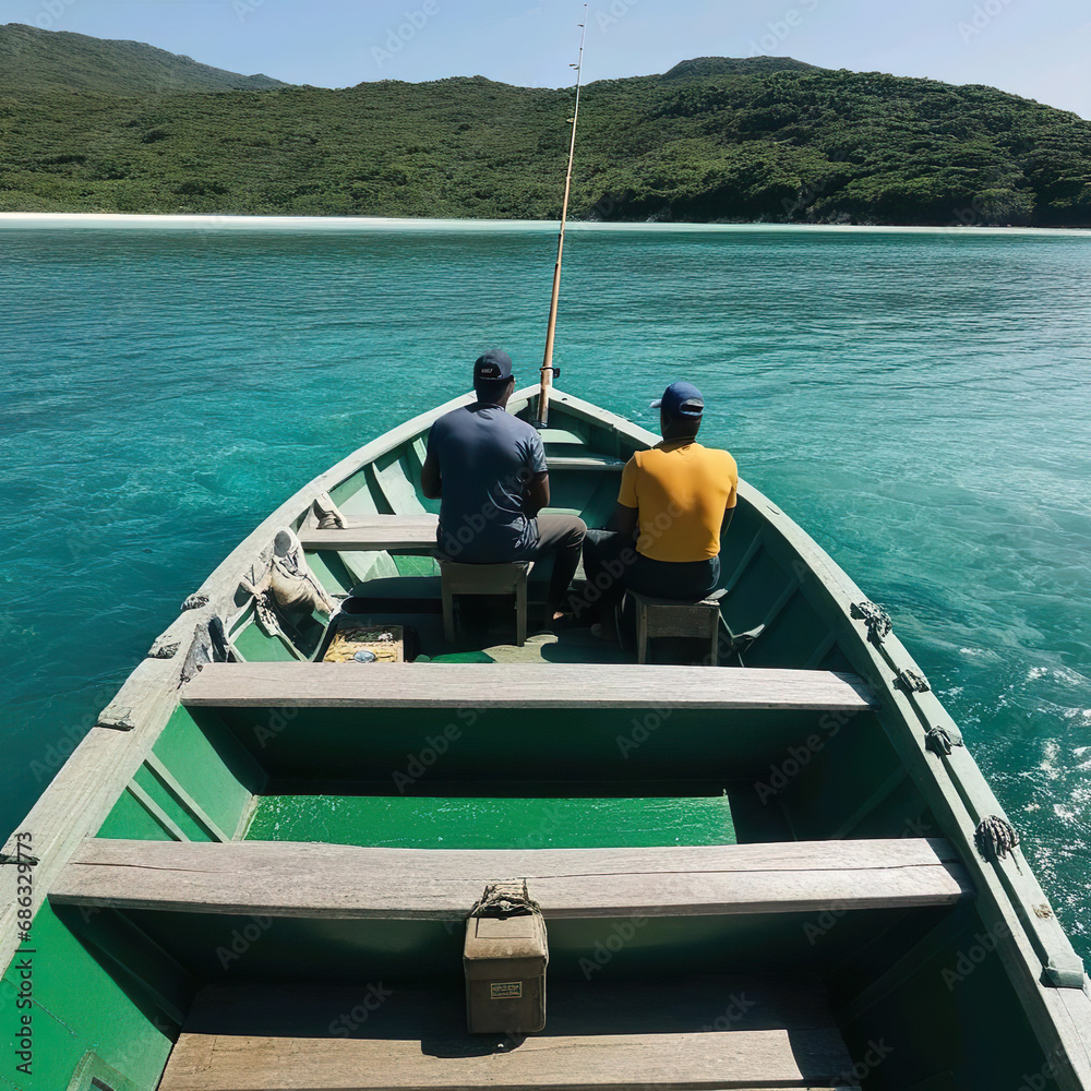 Dos pescadores pescando en una barca frente a la costa de una isla 