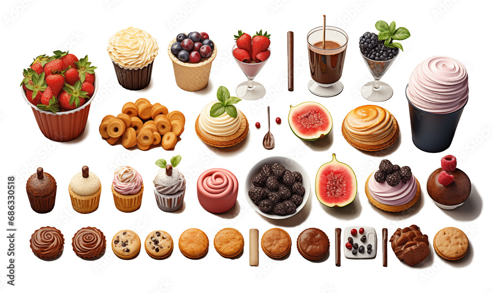 Cupcakes and muffins with berries and fruits Isolated on transparent background.