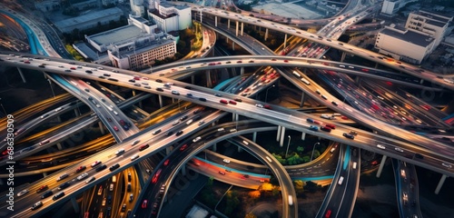 An aerial view of a highway interchange with trucks moving in different directions, illustrating the busy flow of transportation