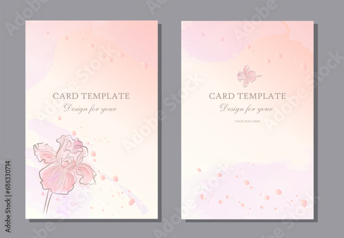 Pink watercolor background, delicate iris flower. Template for happy birthday card, greeting, greeting cards, roses, brand, invitations, parties. Wedding invitation cards. Floral cards, cute design
