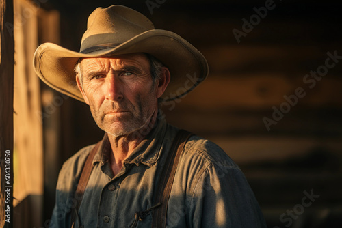 Rustic farmer portrait from the 1800s, weathered face, straw hat, vintage workwear