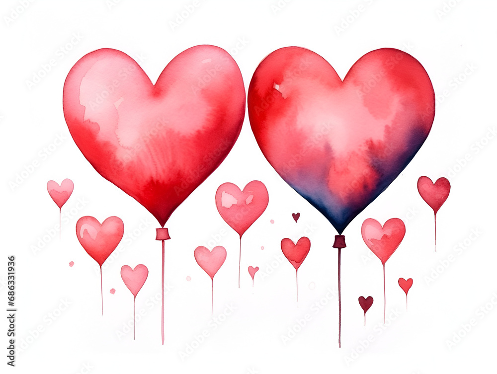 Watercolor illustration of red hearts isolated on white background 