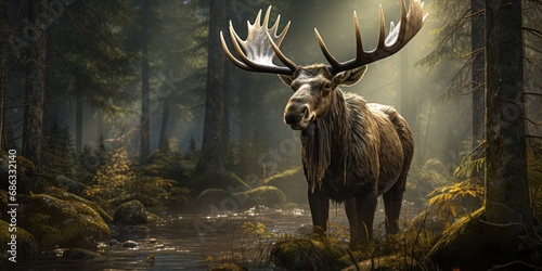 a large elk in a foggy forest wanders along a river in the rays of sun, banner, poster photo