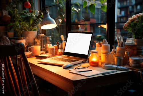 Mockup of an empty laptop screen with a copy space on the table at home by candlelight and light from a desk lamp by the window. Cozy evening at work or study