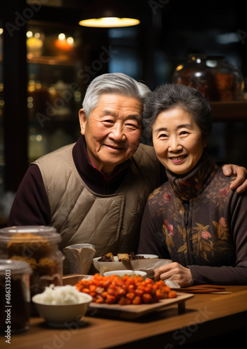 Japanese married couple sitting at the table  grandfather  grandmother  old man  mature woman  Japan  Asians  elderly people s day  pensioner  retired  family  lunch  tea party  traditional ceremony