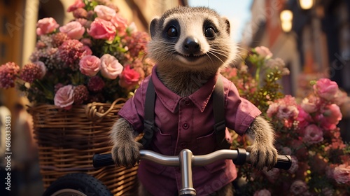 Meerkat in pink clothes rides bicycle along old street in town with spring flowers. Fashion portrait of anthropomorphic animal, carrying out daily human activities #686333583