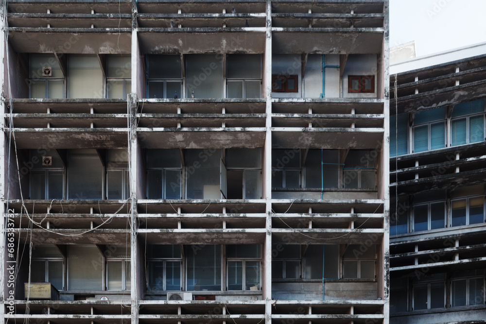 Urban Renewal: Scaffolding on an Aging Apartment Facade.