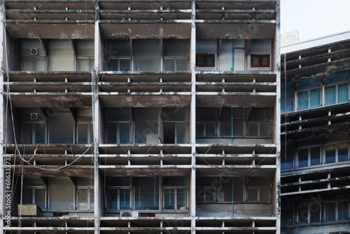 Urban Renewal: Scaffolding on an Aging Apartment Facade.