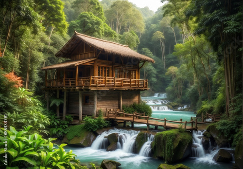 Wooden house made of bamboo, in the jungle, by the river © A_A88