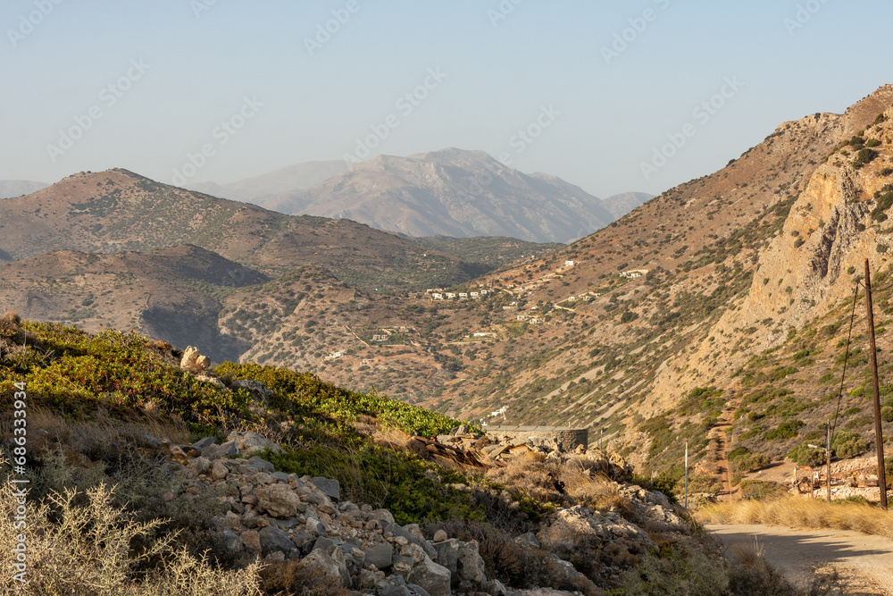 The impressive ruins of the Vrouhas windmills on a beautiful sunny day.  Crete, Greece.