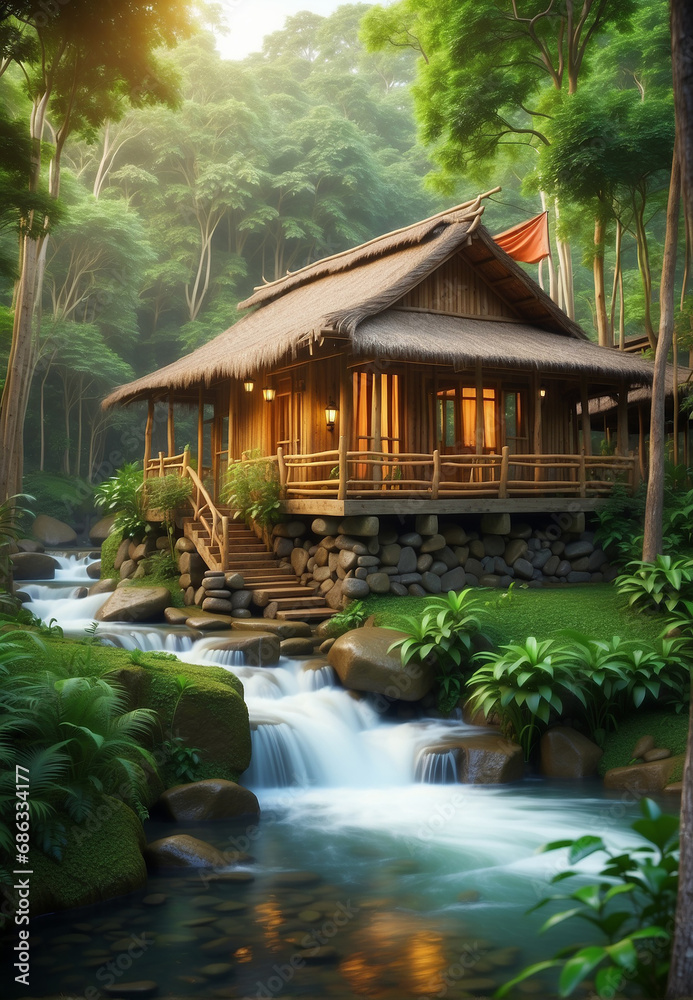 Wooden house made of bamboo, in the jungle, by the river