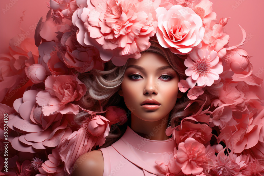 Portrait of a young model with makeup in the studio with flowers instead of a hairstyle on a delicate pink pastel background