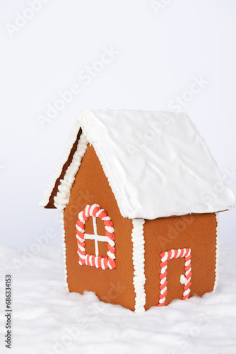 The hand-made eatable gingerbread house and snow decoration