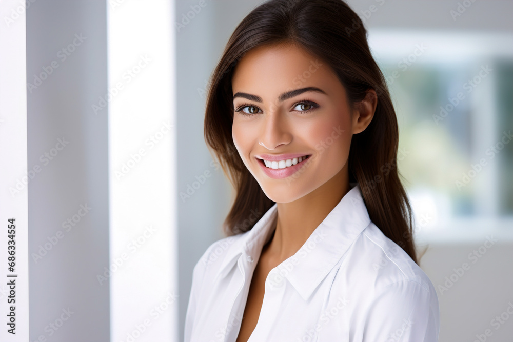 Portrait of a smiling woman with white teeth and clear skin.