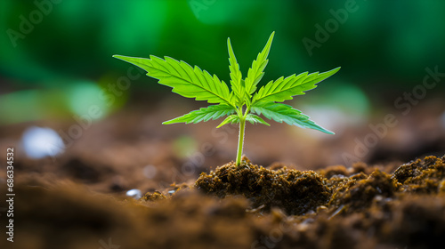 Kleine Cannabis-Pflanze sprie  t aus der Erde - nat  rlicher anbau-  KI Generiert