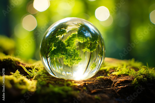 A glass ball with the reflection of trees lies in the forest.