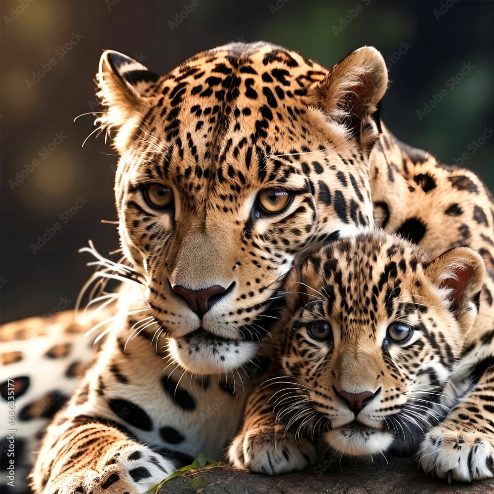 Fototapeta premium AI generated illustration of two leopards lying together on a rocky outcrop in a zoo