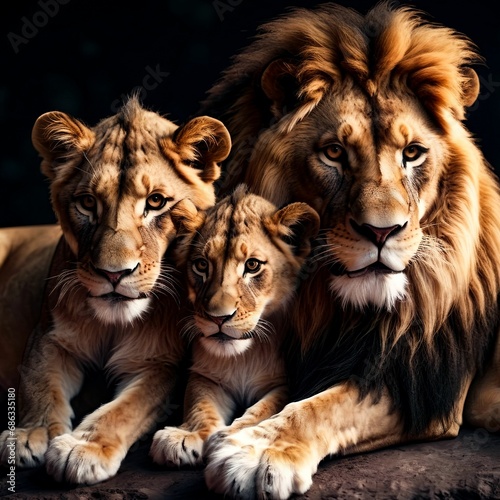 AI generated illustration of three majestic lions relax atop a rocky outcrop at night-