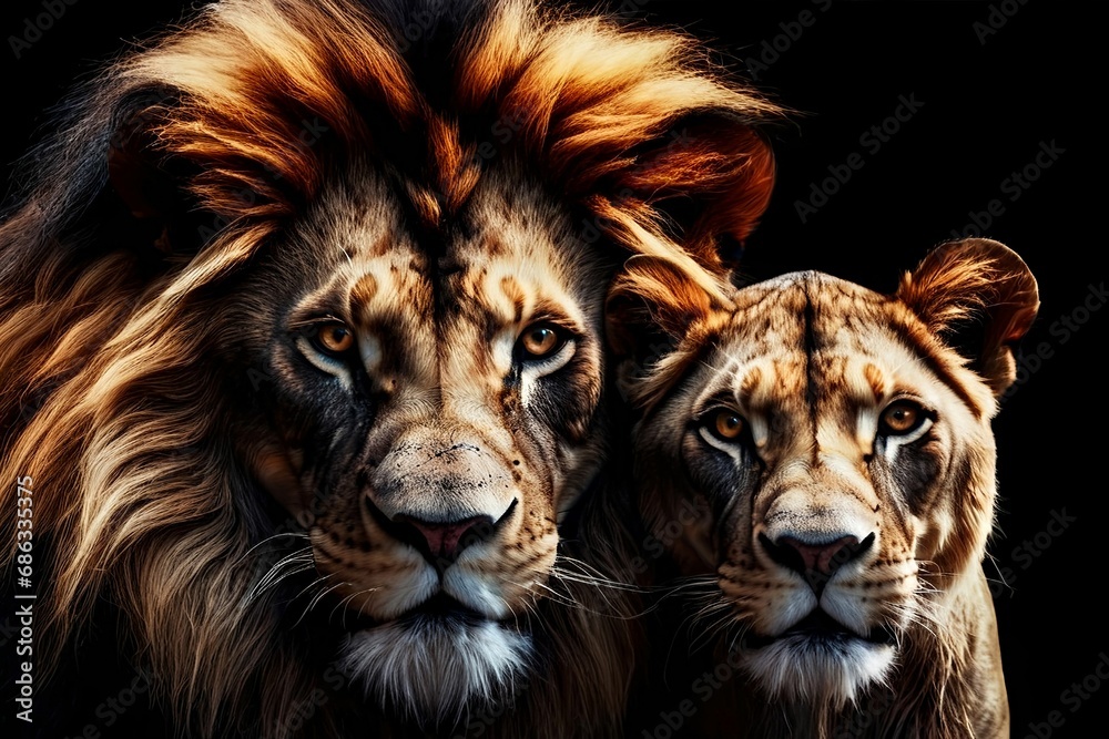 AI generated illustration of two majestic African lions standing side by side