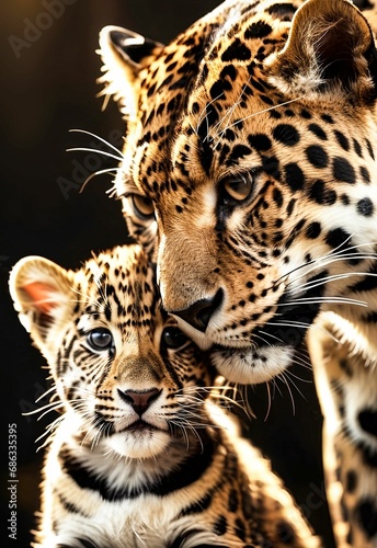 AI generated illustration of a beautiful jaguar cub cuddled up on its mother s chest