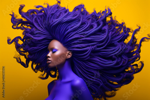 Glamorous portrait of an African American woman with a crazy purple hairstyle, bright makeup on a bright yellow background.