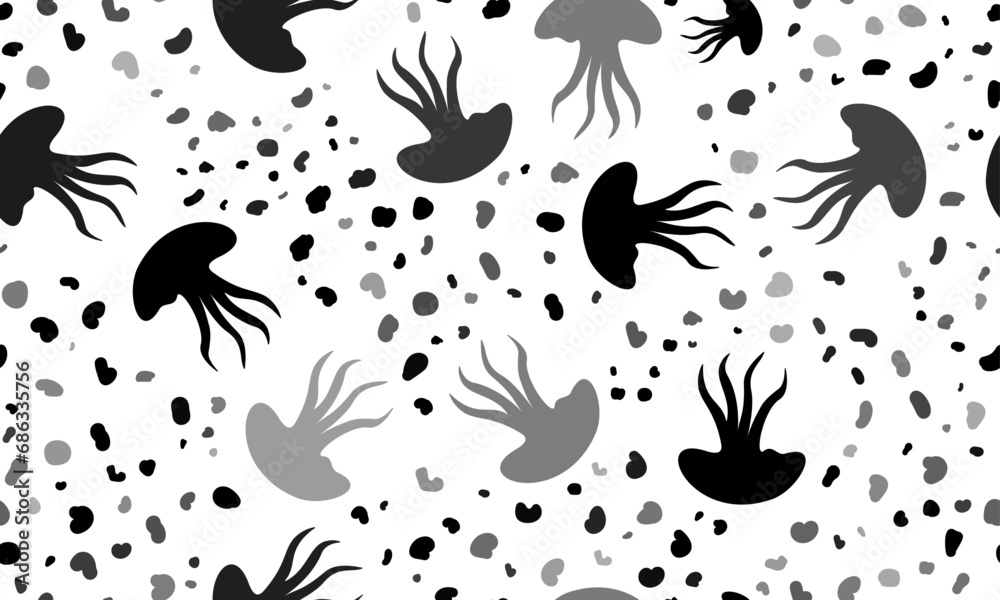 Naklejka premium Abstract seamless pattern with jellyfish symbols. Creative leopard backdrop. Vector illustration on white background