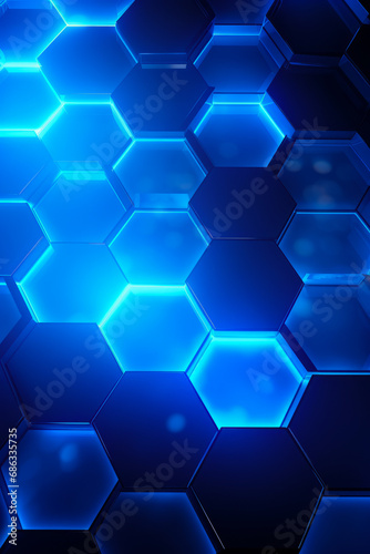 Blue hexagonal background with bright light shining on it.