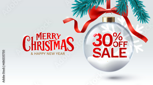 Merry Christmas and happy new year, 30 Percentage off sale. Vector illustration 