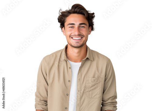 portrait of a happy young man with a friendly smile in beige clothes, casual and relaxed © Omid