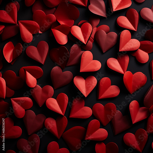 Fondo con detalle y textura de multitud de trozos de papel de color rojo recortados con forma de corazon, sobre fondo de color negro